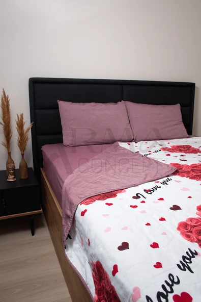 Çift Kişilik Çok Amaçlı Mevsimlik Kapitone Yatak Örtüsü Seti (LOVE) KIRMIZI