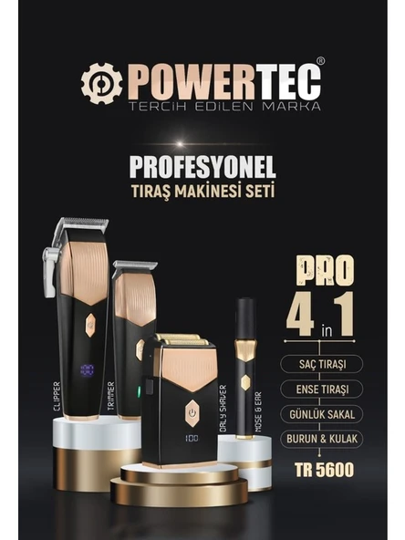 Powertec TR-5600 Pro 4'lü Set Saç-Sakal&ense-Günlük Sakal-Burun&kulak(4'lü Şarj Standı ve Önlük Hediye)