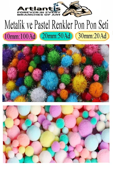 Renkli Pon Pon 10 20 30 mm 170 li 1 Paket Pastel ve Metalik Renkler Peluş Ponpon Tüylü Ponpon Okul Öncesi Kreş Elişi