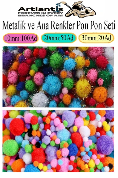 Renkli Pon Pon 10 20 30 mm 170 li 1 Paket Metalik ve Ana Renkler Peluş Ponpon Tüylü Ponpon Okul Öncesi Kreş Elişi