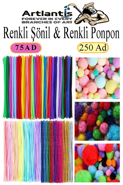 Şönil ve Ponpon Seti 1 Paket Pastel Metalik ve Ana Renkler 30 cm 75 Adet Pastel Metalik ve Ana Renkler Pon Pon 250 Adet