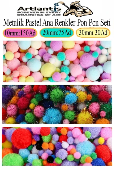 Şönil ve Ponpon Seti 1 Paket Pastel Metalik ve Ana Renkler 30 cm 75 Adet Pastel Metalik ve Ana Renkler Pon Pon 250 Adet - 2