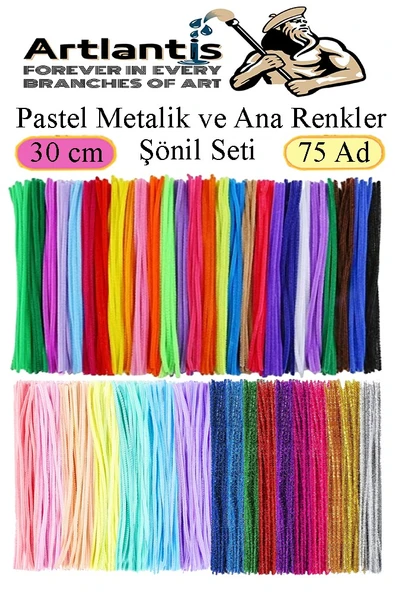 Şönil ve Ponpon Seti 1 Paket Pastel Metalik ve Ana Renkler 30 cm 75 Adet Pastel Metalik ve Ana Renkler Pon Pon 250 Adet - 3