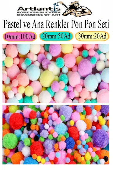 Renkli Pon Pon 10 20 30 mm 170 li 1 Paket Pastel ve Ana Renkler Peluş Ponpon Tüylü Ponpon Okul Öncesi Kreş Elişi Etkinli