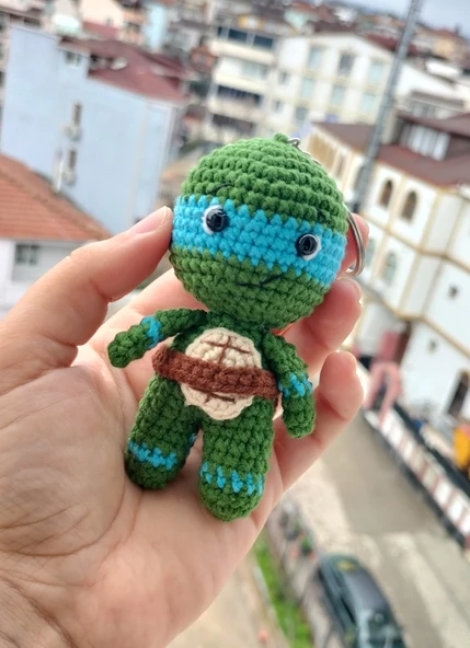 Amigurumi ninja kaplumbağa Leonardo mavili çizgi karakter oyuncak anahtarlık