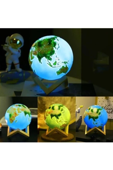 3d Standlı 5 Renk Değiştiren Büyük Boy Kabartmalı Dünya Gece Lambası Küre Başucu Lambası Dokunmatik - 3