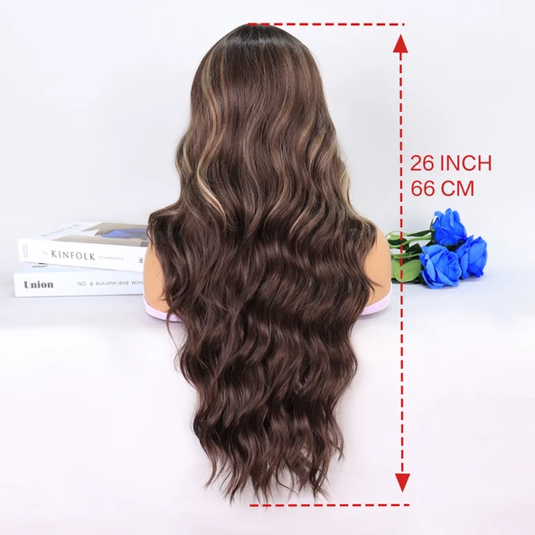 Uzun Kumral Balköpüğü Işıltılı Su Dalgalı Tül Peruk - Resim 6