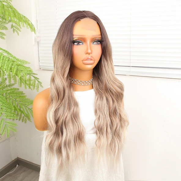 Kumral Beyaz Platin Ombre ve Röfleli Tül Peruk - Resim 3