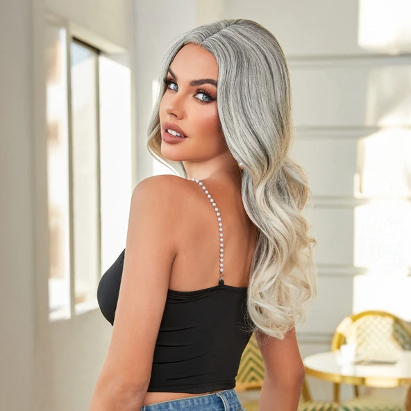 Siyah Beyaz Platin Ombre ve Röfleli Tül Peruk - 4