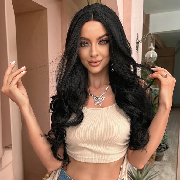 Uzun Siyah Su Dalgalı Tül Peruk ürün görseli