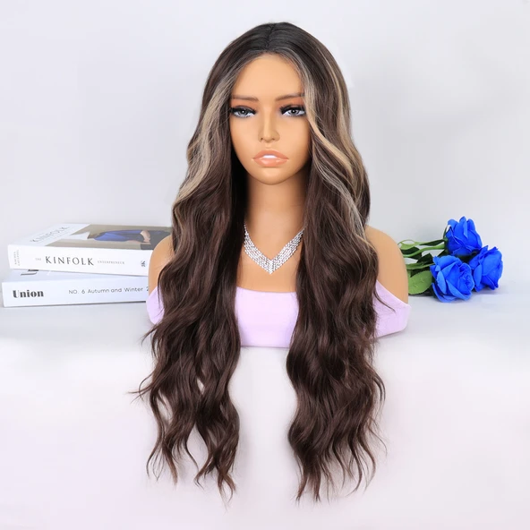 Uzun Kumral Balköpüğü Işıltılı Su Dalgalı Tül Peruk - Resim 3