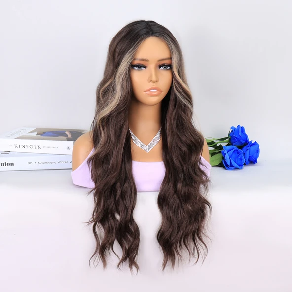 Uzun Kumral Balköpüğü Işıltılı Su Dalgalı Tül Peruk - Resim 2