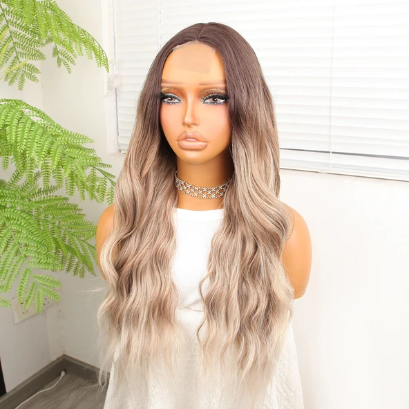 Kumral Beyaz Platin Ombre ve Röfleli Tül Peruk - Resim 4