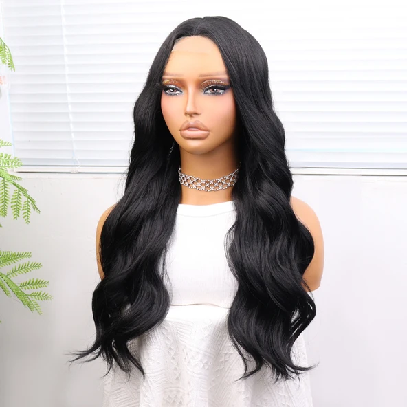 Uzun Siyah Su Dalgalı Fiber Sentetik Tül Peruk - Resim 3