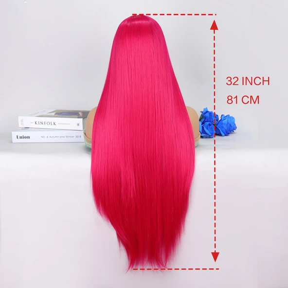 Koyu Pembe Ekstra Uzun Tül Peruk - Resim 5