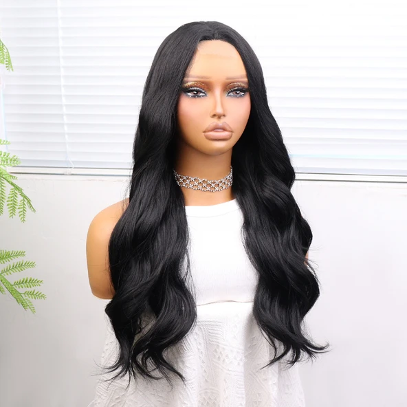 Uzun Siyah Su Dalgalı Fiber Sentetik Tül Peruk - Resim 4