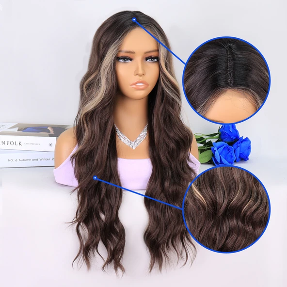 Uzun Kumral Balköpüğü Işıltılı Su Dalgalı Tül Peruk - Resim 4