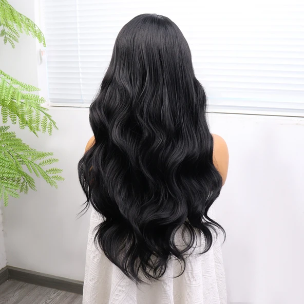 Uzun Siyah Su Dalgalı Fiber Sentetik Tül Peruk ürün görseli