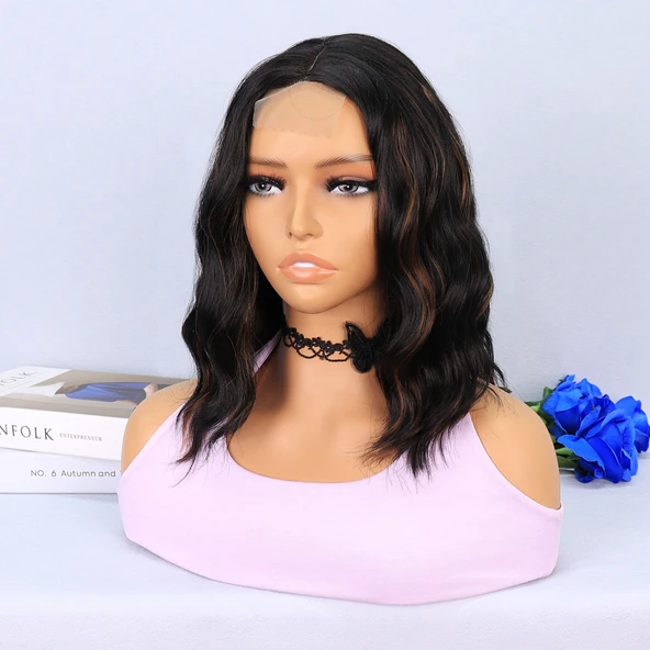 Siyah Karamel Işıltılı Fiber Sentetik Tül Peruk - Resim 3