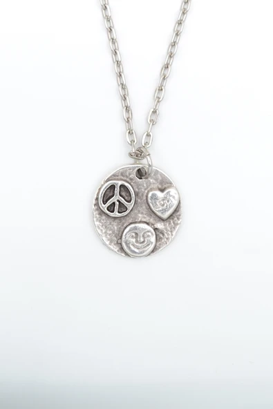 Barış Sembolü - Kalp -Gülen Surat Gümüş Kaplama Düz Zincir Kolye ürün görseli 1
