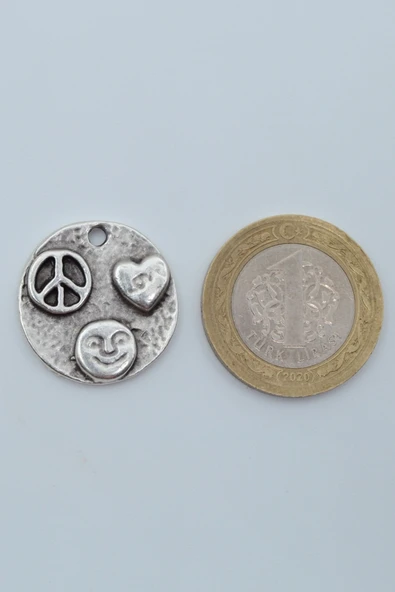 Barış Sembolü - Kalp -Gülen Surat Gümüş Kaplama Düz Zincir Kolye - Resim 4