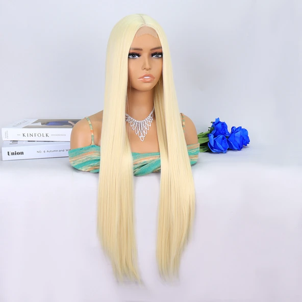 Platin Sarısı Ekstra Uzun Tül Peruk - Resim 2