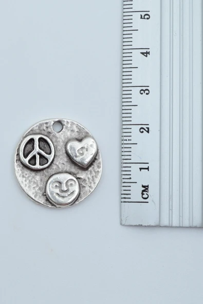 Barış Sembolü - Kalp -Gülen Surat Gümüş Kaplama Düz Zincir Kolye - Resim 3