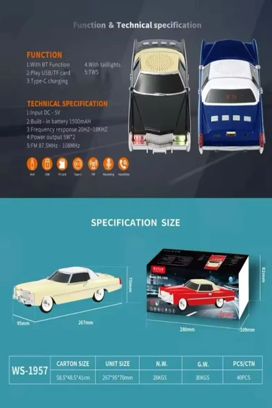 ULTRATEKNO 1966 Cadillac Model Retro Araba Bluetooth Hoparlör Fm Radyo USB Tf Aux Destekli Speaker - 7