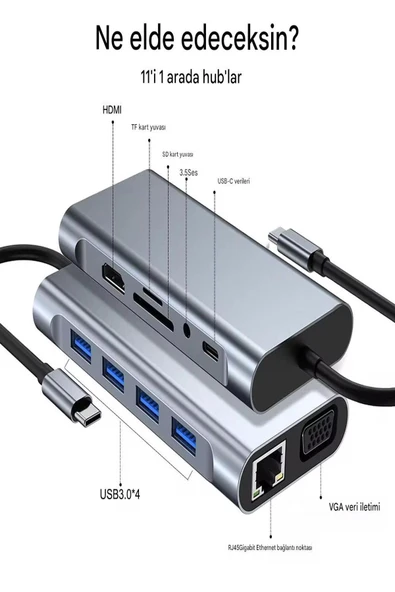 ULTRATEKNO 11 in 1 Type-c To Usb Hub Port Uyumlu Adaptör Hdmı 4x Usb Lan Vga Sd Card Çevirici Çoklayıcı - 6