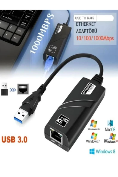ULTRATEKNO Usb 3.0 To RJ45 Gigabit Ethernet Adaptörü Kablolu USB Dönüştürücü 1000 Mbps Laptop PC Çevirici