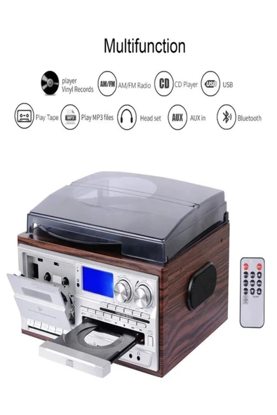 ULTRATEKNO Hepsi Bir Arada elektrikli Vintage Plak Çalar CD Çalar Kaset USB Bluetooth Tf Aux Kumandalı Pikap - 5