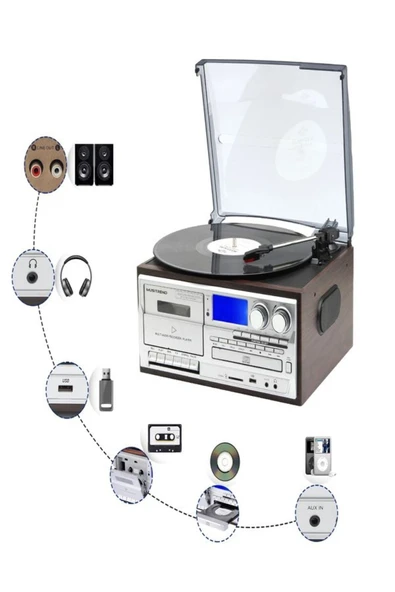 ULTRATEKNO Hepsi Bir Arada elektrikli Vintage Plak Çalar CD Çalar Kaset USB Bluetooth Tf Aux Kumandalı Pikap - 7