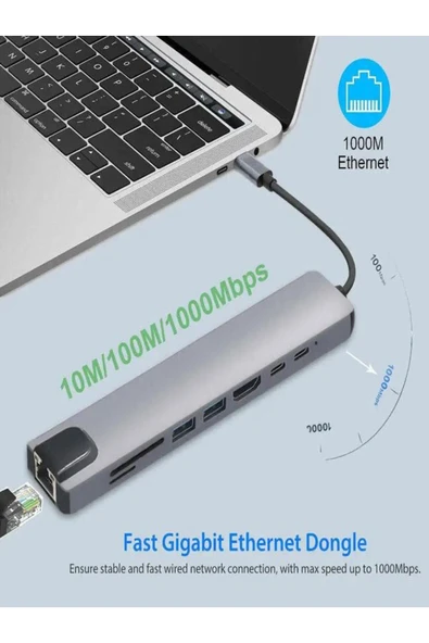ULTRATEKNO 8in1 HUB Macbook Uyumlu Type-C™ To 4K HDMI Tv Projeksiyon Ethernet Çevirici Hub Adaptör - 7