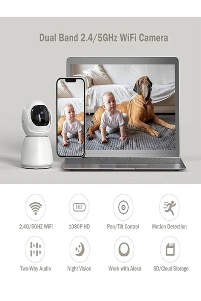 BiNtech 5G Gece Görüşlü 360 Derece Led Işık 1080p Wifi Kamera Kablosuz Panoramik Ev Güvenlik Kamerası - 5