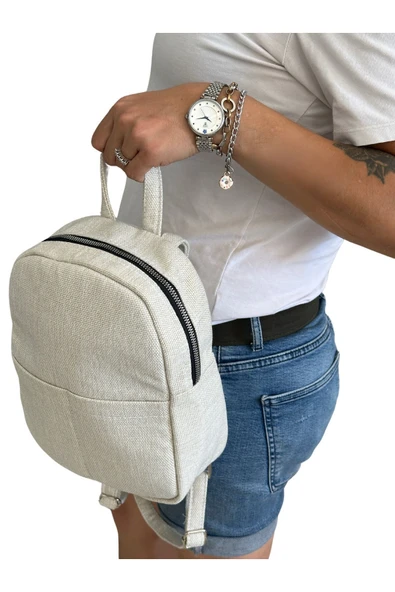 Vip Home Concept Market Ürünleri  Mini Kadın Sırt Çantası-BEJ KETEN-Vip Home Bags - 2