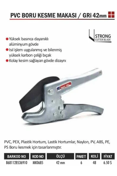 BAY-TEC PVC  BORU  KESME  MAKASI  GRİ  42mm