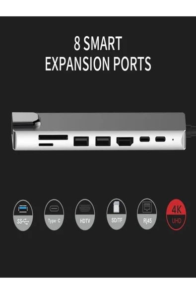 ULTRATEKNO 8in1 HUB Macbook Uyumlu Type-C™ To 4K HDMI Tv Projeksiyon Ethernet Çevirici Hub Adaptör - 5