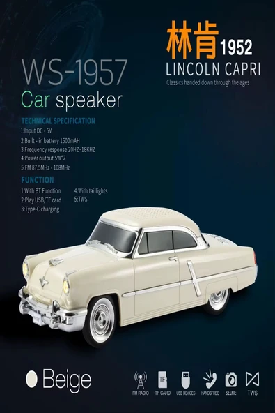 ULTRATEKNO 1952 Lincoln Capri Model Retro Araba Bluetooth Hoparlör Fm Radyo USB Tf Aux Destekli Speaker - Resim 2
