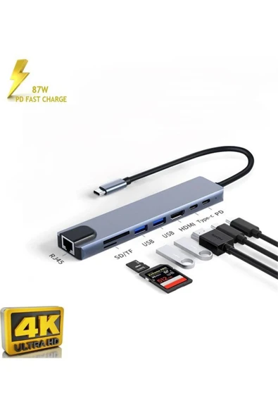 ULTRATEKNO 8in1 HUB Macbook Uyumlu Type-C™ To 4K HDMI Tv Projeksiyon Ethernet Çevirici Hub Adaptör