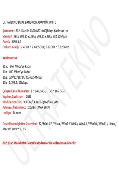 ULTRATEKNO Wi-Fi Adaptörü 802.11ac 1300Mbps Wireless Dual Band USB Adaptör 3.0 Wifi 5 Çift Anten - 3