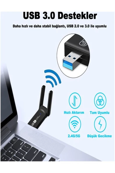 ULTRATEKNO Wi-Fi Adaptörü 802.11ac 1300Mbps Wireless Dual Band USB Adaptör 3.0 Wifi 5 Çift Anten - 6
