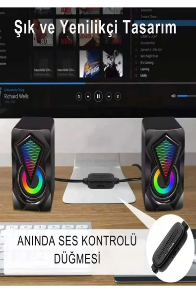 ULTRATEKNO E-1046 Bilgisayar Hoparlörü Led Işıklı Rgb Laptop Pc Uyumlu 1+1 Speaker - 5