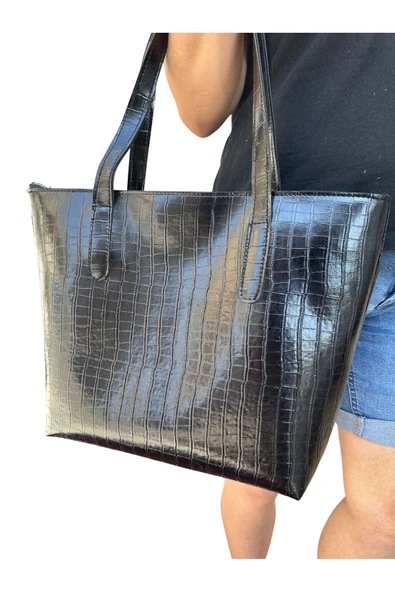 Vip Home Concept  Kadın Kroko Desen 2 Kollu Fermuarlı Büyük Boy Çanta Omuz Çantası, El Çantası Vip Home Bags - 4