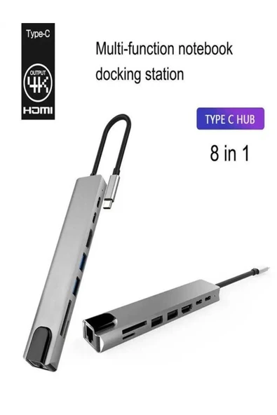 ULTRATEKNO 8in1 HUB Macbook Uyumlu Type-C™ To 4K HDMI Tv Projeksiyon Ethernet Çevirici Hub Adaptör - 3