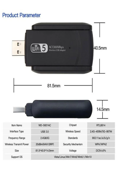 ULTRATEKNO Wi-Fi Adaptörü 802.11ac 1300Mbps Wireless Dual Band USB Adaptör 3.0 Wifi 5 Çift Anten - 4