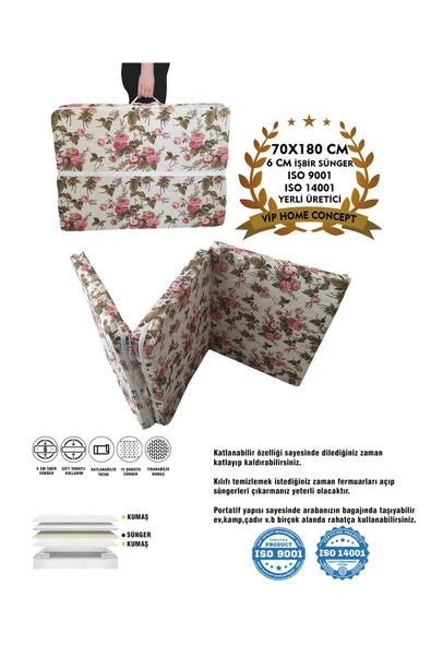 Vip Home Concept  Tek Kişilik Katlanır Yer Yatağı Sünger Yatak Katlanır Yatak 70x180-6 Cm Ingiliz Gülü Desen