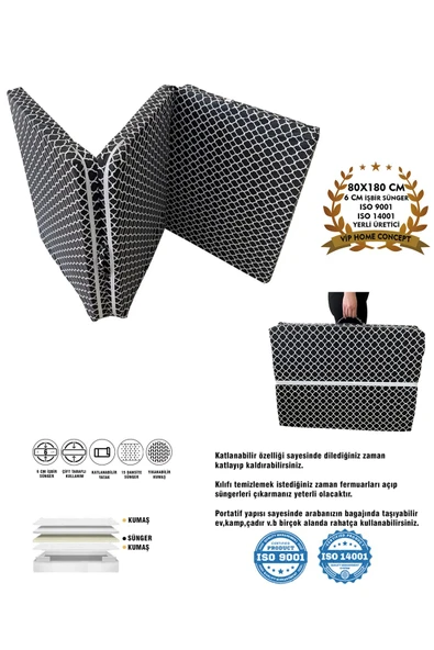Vip Home Concept Market Ürünleri  Katlanır Yatak Yer Yatağı Sünger Yatak Taşınabilen Tek Kişilik 80x180 Kara Çatı 6 Cm