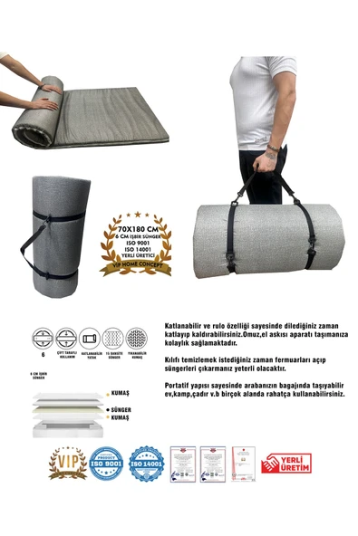Vip Home Concept Market Ürünleri  Kamp Yatağı Taşıma ve Omuz Askılı Kamp Matı Fermuarlı Kamp Minderi Çadır Matı 70x180x6cm-GRİ
