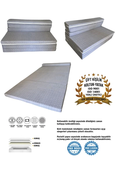 Vip Home Concept Market Ürünleri  Çift Kişilik Katlanır Koltuk Katlanır Yatak Kanepe Yer Yatağı Çift Kişilik GRİ-120x195x8 CM