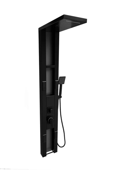 Flow Yapı Stilo Siyah Premium Şelaleli Raflı Masajlı Duş Paneli - Dikey Jakuzi - Robot Duş - El Duşu - Lüx Duş ürün görseli 1